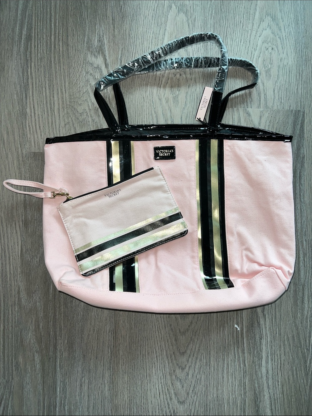 NWT Victoria's Secret Pink Tote with Black Trim and Gold Stripes